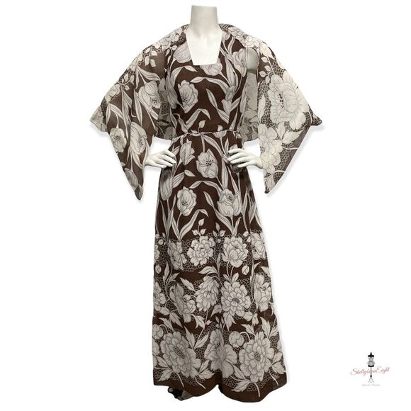 Vintage 1970s Floral Print Brown White Maxi Dress & Matching Shawl Scarf S 4 6 - Picture 2 of 15